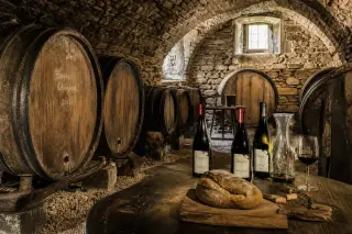 Historic stone wine cellar with oak barrels, rustic table prepared for wine tasting, and natural light creating a serene, authentic Cévennes atmosphere.