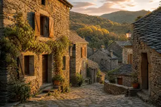 Restored stone vigneron houses with schist walls and lauze roofs in a quiet Cévennes village at golden hour, surrounded by soft hills and chestnut trees.
